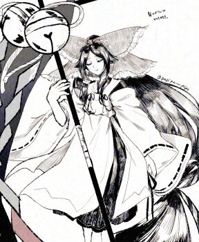 1girl absurdly_long_hair adversarial_noise banner battle_standard bell bow chihaya_(clothing) commentary_request detached_sleeves flag frilled_bow frilled_hair_tubes frills gensokyo&#039;s_first_hakurei_miko gohei greyscale hair_bow hair_flaps hair_tubes highres holding holding_banner holding_gohei huge_bow japanese_clothes jingle_bell kosode large_bow long_hair long_sleeves miko monochrome oversized_object papipu_pipi red_bow ribbon ribbon-trimmed_sleeves ribbon_trim sidelocks skirt solo touhou very_long_hair war_banner war_flag wide_sleeves