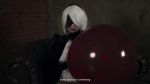 1girl 2b_(nier:automata) 3d animated balloon bodysuit bouncing breasts cleavage cosplay costume female_focus girl_on_top gloves highres jumping latex leotard mask nier:automata nier_(series) photo_(medium) short_hair sitting solo sound tagme thighs uncensored video white_hair