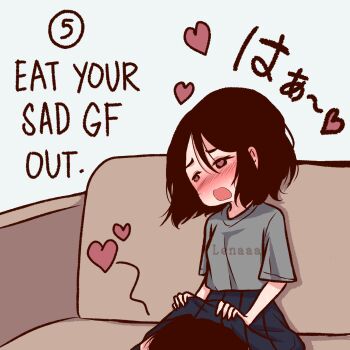 1boy 1girl black_eyes black_hair black_shirt blush breasts brown_hair cunnilingus english_text hair_between_eyes hetero highres holding lenaleechi long_hair non-web_source open_mouth oral original shirt short_sleeves skirt solo t-shirt