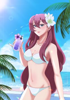 1girl absurdres azumishard beach bikini blue_sky breasts brown_hair cleavage cloud cocktail cocktail_flower coconut_tree commentary cup double-parted_bangs earrings eiyuu_densetsu emma_millstein english_commentary flower green_eyes hair_flower hair_ornament hajimari_no_kiseki highres holding holding_cup jewelry large_breasts light_rays long_hair navel ocean outdoors palm_tree purple_flower sen_no_kiseki_(series) sky solo stomach sunbeam sunlight swimsuit tree two_side_up upper_body white_bikini white_flower