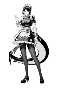 Rule 34 | 1girl, absurdres, anissa047, black dress, black hair, black pantyhose, black shoes, breasts, closed mouth, colored inner hair, commentary, dress, ellen joe, english commentary, fins, fish tail, greyscale, hairband, hand up, highres, large breasts, lollipop in mouth, maid headdress, mary janes, metal hairband, mole, mole on arm, mole under eye, monochrome, multicolored hair, nail polish, pantyhose, razor blade hair ornament, scar, scar on tail, shark girl, shark tail, shoes, short hair, simple background, solo, spiked headband, tail, white background, zenless zone zero