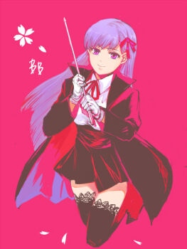 10s 1girl bb_(fate) bb_(fate/extra) breasts fate/extra fate/extra_ccc fate_(series) female_focus hair_ribbon kneeling lace lace-trimmed_legwear lace_trim long_hair medium_breasts petals pink_background purple_eyes purple_hair ribbon riding_crop solo switch thighhighs uraseesan very_long_hair