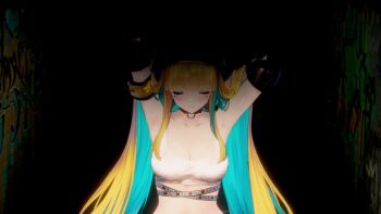 1girl angelica_(brown_dust) animated anime_screenshot armband armpits arms_behind_head asymmetrical_legwear belt bikini black_bikini black_hat black_thighhighs blonde_hair bouncing_breasts breasts brown_dust_(series) brown_dust_2 brown_gloves celtic_cross choker colored_inner_hair crop_top cross elbow_pads eyebrows_hidden_by_hair fishnet_thighhighs fishnets gloves green_hair hat highres holding holding_sword holding_weapon knee_pads large_breasts long_bangs looking_at_viewer multicolored_hair navel neon_lights neon_trim red_choker red_eyes see-through_clothes see-through_skirt shoes skirt sneakers sound stomach subtitled swimsuit sword tagme thighhighs thighs two-tone_hair video walking weapon wide_hips yellow_armband