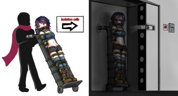 1boy 1girl arms_behind_back bdsm blindfold breasts cell collar comic gagged helpless highres in_cell indoors isolation lock lowleg lowleg_shorts navel padlock ravenor11 sensory_deprivation shock_collar shorts standing trolley