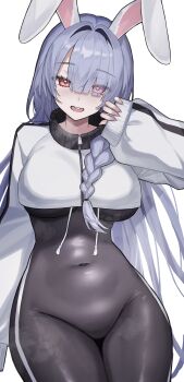 1girl absurdres animal_ears black_bodystocking black_hoodie braid commentary_request commission covered_navel cowboy_shot cropped_hoodie eyes_visible_through_hair hair_between_eyes hair_over_one_eye hand_up highres hood hoodie korean_commentary long_hair mole mole_under_eye multicolored_hoodie open_mouth original pink_eyes poisoncrown01 purple_hair rabbit_ears simple_background single_braid solo teeth two-tone_hoodie upper_teeth_only white_background white_hoodie zipper