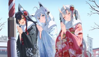 3girls :d ahoge animal_ear_fluff animal_ears banner black_bow black_kimono blue_eyes blue_kimono blue_sky bow braid breath brown_eyes closed_eyes closed_mouth commentary_request floral_print floral_print_kimono flower fox_ears fox_girl from_side fur_shawl gabuchi gradient_hair hair_bow hair_flower hair_ornament hatsumoude highres hololive horns japanese_clothes kanzashi kimono kouhaku_nawa long_hair looking_at_viewer multicolored_hair multiple_girls nakiri_ayame new_year nobori obi obiage obijime oni ookami_mio open_mouth outdoors own_hands_together palms_together parted_lips praying print_kimono red_hair red_kimono rope sash shawl shide shimenawa shirakami_fubuki side_braid sidelocks skin-covered_horns sky smile snow streaked_hair torii twintails two-tone_hair virtual_youtuber white_hair wolf_ears wolf_girl