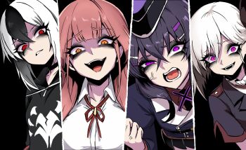 4girls aru_(blue_archive) black_hair blue_archive blush breasts demon_horns hair_between_eyes hair_ornament halo haruka_(blue_archive) highres horns kayoko_(blue_archive) long_hair multicolored_hair multiple_girls mutsuki_(blue_archive) nagai_negi open_mouth pink_hair problem_solver_68_(blue_archive) purple_eyes purple_hair red_eyes shirt smile white_hair