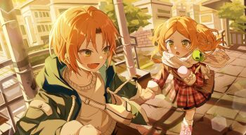 1boy 1girl aged_down alien bag boots bow brother_and_sister brown_bag building child curtained_hair dress dress_bow ensemble_girls! ensemble_stars! fang footwear_bow gloves green_eyes green_jacket highres jacket long_hair long_sleeves love_(chyuu_u) open_mouth orange_hair outdoors parted_bangs pink_boots plaid_clothes plaid_dress red_dress running scarf school_bag shirt short_hair siblings tearing_up tree tsukinaga_leo tsukinaga_ruka two_side_up white_gloves white_scarf white_shirt wide-eyed