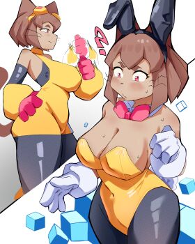 1girl ? absurdres alternate_costume animal_ears bodysuit breasts brown_eyes brown_fur brown_hair cat_ears cat_girl cat_tail cleavage closed_mouth collar detached_collar fake_animal_ears fake_tail furry furry_female gameoverse glitch_productions gloves goggles goggles_on_head highres kit_bodega large_breasts leotard looking_at_viewer motion_lines rabbit_ears rabbit_tail rikkachan1710 short_hair solo tail white_collar white_gloves yellow_bodysuit yellow_leotard