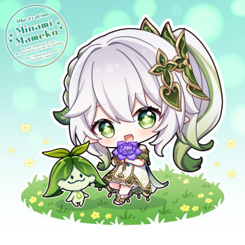 1girl aranara_(genshin_impact) bare_shoulders chibi chibi_only commentary_request cross-shaped_pupils detached_sleeves dress flower full_body genshin_impact gold_trim gradient_hair green_eyes green_hair green_sleeves hair_between_eyes hair_ornament holding holding_flower leaf_hair_ornament long_hair looking_at_viewer mameko_minami multicolored_hair nahida_(genshin_impact) partial_commentary pointy_ears side_ponytail sleeveless sleeveless_dress solo standing sumeru_rose_(genshin_impact) symbol-shaped_pupils watermark white_dress white_hair