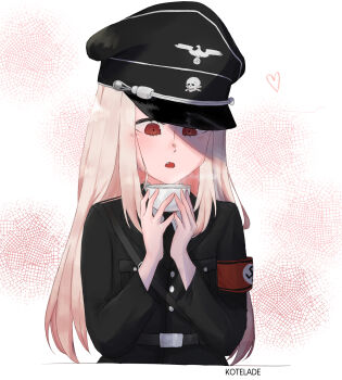 1girl absurdres alternate_costume artist_name belt_buckle black_shirt breast_pocket buckle buttons cup fang fate_(series) hat heart highres illyasviel_von_einzbern kotelade long_hair military_hat military_uniform nazi original pocket red_eyes reichsadler shirt swastika tea teacup totenkopf white_hair