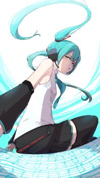 1girl absurdres aqua_hair black_skirt black_thighhighs commentary_request detached_sleeves fcgc_(friedalwaysgood) fisheye hatsune_miku highres long_hair looking_at_viewer miniskirt musical_note musical_staff shirt sitting skirt sleeveless sleeveless_shirt solo thighhighs twintails vocaloid white_shirt
