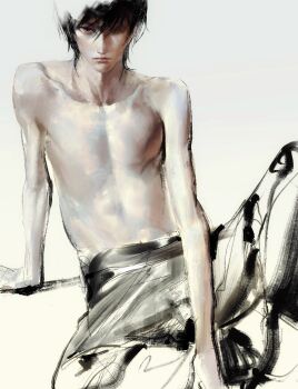 1boy black_hair black_pants closed_mouth code_geass collarbone expressionless fieroo hand_rest highres lelouch_vi_britannia lips male_focus no_nipples nose pants short_hair sitting skinny solo topless_male