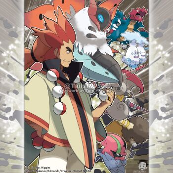 Rule 34 | 1boy, accelgor, afro, alder (pokemon), arm behind back, artist name, bouffalant, brown pants, brown poncho, chest hair, claws, closed mouth, commentary, company name, copyright notice, crossed arms, dragon, drooling, druddigon, english commentary, escavalier, facial hair, fang, from side, gen 5 pokemon, highres, holding, holding poke ball, horns, instagram username, long hair, male focus, mature male, merchandise available, mismatched eyebrows, mouth drool, multicolored hair, nintendo, official style, open mouth, orange hair, outline, pants, poke ball, poke ball (basic), pokemon, pokemon (creature), pokemon bw, poncho, ponytail, popped collar, red hair, skin fang, smile, spines, thick eyebrows, tom higgins, two-tone hair, vanilluxe, volcarona, waist poke ball, watermark, white outline, wrinkled skin, yellow eyes