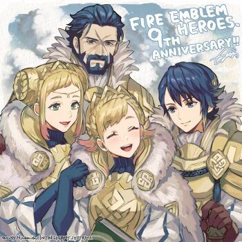 2boys 2girls alfonse_(fire_emblem) alfonse_(heir_to_openness)_(fire_emblem) anniversary beard blonde_hair blue_hair braid cape commentary_request crown_braid facial_hair family father_and_daughter father_and_son fire_emblem fire_emblem_heroes fur-trimmed_cape fur_trim gustav_(fire_emblem) henriette_(fire_emblem) highres mother_and_daughter mother_and_son multicolored_hair multiple_boys multiple_girls nijihayashi nintendo official_art scar scar_on_face sharena_(fire_emblem) sharena_(hopeful_princess)_(fire_emblem) streaked_hair upper_body
