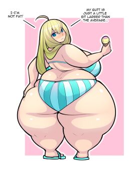 1girl ahoge ass bikini blonde_hair blue_eyes blush breasts fat fat_woman flip-flops food grabbing_own_ass hand_on_own_hip huge_ass ice_cream large_breasts long_hair looking_at_viewer pixiveo sandals striped_bikini striped_clothes swimsuit wide_hips