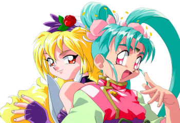 1990s_(style) 2girls aqua_hair back-to-back bad_id blonde_hair choker closed_mouth elbow_gloves facial_mark fingerless_gloves flower forehead_mark gloves grey_sleeves hand_up hat hat_flower kamitani_hideo kawai_sasami kouno_yoshitaka looking_at_viewer looking_to_the_side mahou_shoujo_pretty_sammy multiple_girls official_art open_mouth pink_eyes pink_shirt pixy_misa pretty_sammy_(character) purple_choker purple_gloves purple_hat red_eyes red_flower red_rose retro_artstyle rose shirt simple_background smile tenchi_muyou! upper_body white_background