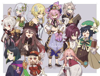 5boys 6+girls ahoge albedo_(genshin_impact) animal_ears beret black_gloves blonde_hair bob_cut braid bug butterfly butterfly_on_hand commentary_request corn_kuten dori_(genshin_impact) floppy_ears fox_boy fox_ears genshin_impact gloves green_eyes green_hat hat hu_tao_(genshin_impact) insect kaedehara_kazuha klee_(genshin_impact) long_hair long_sleeves looking_over_eyewear low_twintails lumine_(genshin_impact) multicolored_hair multiple_boys multiple_girls nahida_(genshin_impact) pink_hair pointy_ears red_eyes red_hair shikanoin_heizou short_hair_with_long_locks short_twintails streaked_hair tighnari_(genshin_impact) tinted_eyewear twintails venti_(genshin_impact) very_long_hair vision_(genshin_impact) white_hair wide_sleeves yae_miko yellow_eyes