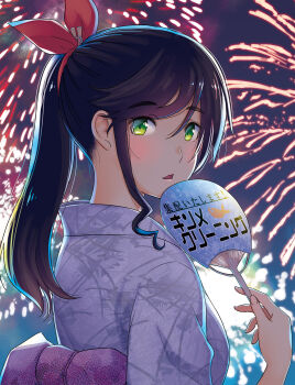 Rule 34 | 1girl, aerial fireworks, black hair, commentary, fireworks, green eyes, hand fan, hattori mitsuru, highres, holding, holding fan, japanese clothes, kimono, kinme wakana, kirei ni shitemoraemasuka, long hair, looking at viewer, looking back, open mouth, ponytail, purple kimono, sidelocks, solo, symbol-only commentary, upper body