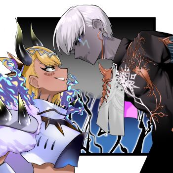 1boy 1girl absurdres blue_eyes blue_fire colored_skin commentary_request dark-skinned_female dark-skinned_male dark_skin dragon_horns earrings face-to-face facial_mark fate/grand_order fate_(series) fire grey_skin height_difference highres horns indra_(fate) indra_no_dai_shiren jewelry lightning_bolt_facial_mark lightning_bolt_symbol long_hair takoarata vritra_(fate) vritra_trisiras_(fate) white_hair yellow_eyes