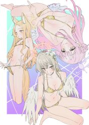 Rule 34 | 3girls, absurdres, angel wings, animal ear fluff, animal ears, bare arms, bare legs, bare shoulders, barefoot, bikini, blonde hair, blue archive, blush, breasts, brown eyes, cleavage, closed mouth, collarbone, extra ears, feathered wings, flower, fox ears, gold bikini, groin, hair bun, hair flower, hair ornament, halo, highres, large breasts, light brown hair, long hair, medium breasts, mika (blue archive), multiple girls, naga-agan, nagisa (blue archive), navel, pink flower, pink hair, pink halo, seia (blue archive), single side bun, small breasts, swimsuit, tea party (blue archive), white flower, white wings, wings, yellow halo