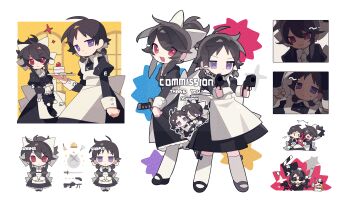 2girls :3 :d absurdres apron black_dress black_shoes bow brown_hair chibi closed_mouth commission dress dual_wielding full_body gun hair_bow highres holding holding_gun holding_weapon juliet_sleeves long_sleeves maid meimei_(wakamoid) multiple_girls multiple_views open_mouth original pantyhose puffy_sleeves sample_watermark shoes short_hair simple_background smile socks standing thank_you twitter_username watermark weapon white_apron white_background white_bow white_pantyhose white_socks