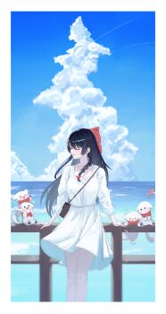 1girl against_railing bag black_hair blue_sky border bow braid closed_eyes cloud collarbone commentary day dress feet_out_of_frame floating_hair haedungi_(shirayuki_hina) hair_bow hair_ornament hair_over_shoulder heart heart_hair_ornament highres long_hair long_sleeves medium_dress nyo2_ng ocean outdoors parted_lips railing red_bow shirayuki_hina shoulder_bag side_braid sidelocks sky smile standing stellive straight_hair virtual_youtuber white_border white_dress