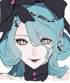 Rule 34 | 1girl, aqua hair, bare shoulders, black bow, bow, bowtie, commentary, curly hair, earrings, fangs, grey eyes, hair bow, hair over one eye, highres, jewelry, long hair, looking at viewer, open mouth, path to nowhere, pointy ears, portrait, ringed eyes, serpent (path to nowhere), simple background, slit pupils, smile, solo, straight-on, white background, yoi muki