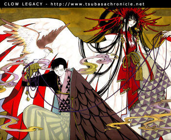 00s 1boy 1girl bird black_hair blunt_bangs clamp doumeki_shizuka hair_ornament hawk hime_cut ichihara_yuuko smoke xxxholic