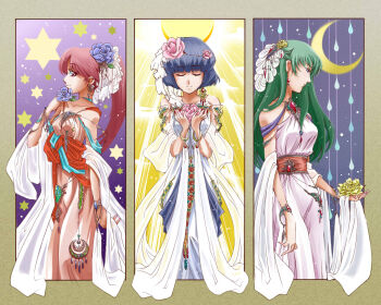 3girls blue_flower blue_hair blue_rose closed_eyes crescent_moon dress fire_emblem fire_emblem_gaiden flower genny_(fire_emblem) green_hair hexagram long_hair moon multiple_girls nintendo ponytail red_dress red_hair rose short_hair silque_(fire_emblem) smile tatiana_(fire_emblem) towa_(towa_no_jiyuuchou) very_long_hair white_dress wristband yellow_flower yellow_rose