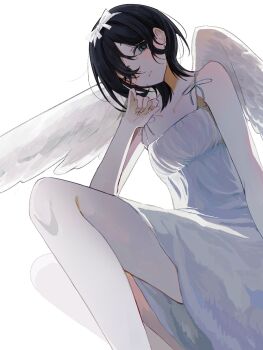 Rule 34 | 1girl, alien stage, angel wings, bare shoulders, black hair, blue eyes, bow, commentary, dress, hair bow, hashtag-only commentary, highres, medium hair, nminqwq, official alternate costume, sleeveless, sleeveless dress, solo, sua (alien stage), white bow, white dress, white wings, wings, wolf cut