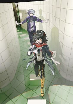 2boys absurdres arm_up backrooms_(creepypasta) black_coat black_hair black_necktie boots camcorder camera coat full_body fuwa_minato fuwa_minato_(1st_costume) highres holding holding_camera indoors jacket jewelry kome_non liminal_space male_focus mashiro_meme mashiro_meme_(1st_costume) multicolored_hair multiple_boys necklace necktie nijisanji open_mouth outstretched_arms pants pants_tucked_in pool purple_jacket red_nails red_scarf scarf shadow shirt_tucked_in short_hair smile standing streaked_hair tile_floor tile_wall tiles two_side_up video_camera virtual_youtuber water white_hair yellow_boots yellow_eyes