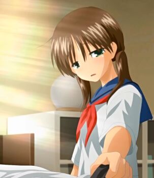 1boy 1girl anime_screenshot blush brother_and_sister brown_hair green_eyes highres in_the_room incest loli open_mouth oyasumi_sex school_uniform serafuku short_hair siblings sleep_molestation solo solo_focus standing stitched third-party_edit tsukioka_yui twintails