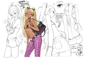 Rule 34 | 1girl, animal print, ass, back, back tattoo, bead bracelet, beads, belt, bikini, bikini top only, blonde hair, bracelet, cellphone, dark-skinned female, dark skin, ear piercing, flip phone, glasses, gyaru, hair ornament, highres, jewelry, korean text, leather bag, leopard print, lineart, lips, multiple views, nail polish, navel, navel piercing, original, pants, partially colored, phone, piercing, pink pants, ponytail, rinotuna, shorts, simple background, solo focus, sparkle, swimsuit, tattoo, tramp stamp, translation request, twintails, white background