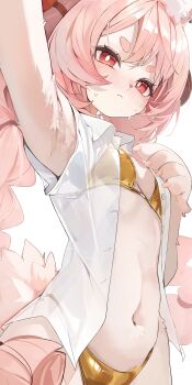 1girl absurdres alternate_costume animal_ear_fluff animal_ear_piercing animal_ears animal_ears_(norankkori) arm_up armpits bikini blush braid braided_twintails breasts bright_pupils closed_mouth commentary english_commentary furry furry_female gold_bikini highres long_hair looking_at_viewer navel pink_fur pink_hair rabbit_ears rabbit_girl rabbit_tail red_eyes see-through_clothes see-through_shirt shirt short_eyebrows small_breasts solo sweat swimsuit tail thick_eyebrows upper_body white_pupils white_shirt zenless_zone_zero zhao_(zenless_zone_zero)