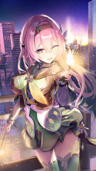 1girl ;) absurdres akahoshi_azu black_capelet black_hairband breasts building capelet cityscape commentary_request dress firefly_(honkai:_star_rail) green_dress green_thighhighs grey_hair hairband highres holding holding_fireworks honkai:_star_rail honkai_(series) large_breasts long_hair looking_at_viewer night one_eye_closed sky skyscraper smile solo star_(sky) starry_sky thighhighs thighs very_long_hair zettai_ryouiki
