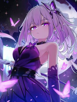 1girl armpit_crease bare_shoulders breasts bright_pupils broken_moon bug butterfly butterfly_hair_ornament castorice_(gossamer_flutter)_(honkai:_star_rail) castorice_(honkai:_star_rail) closed_mouth commentary_request detached_sleeves earrings floating_hair frown hair_ornament highres holding holding_scythe honkai:_star_rail honkai_(series) insect jewelry long_hair looking_at_viewer medium_breasts moon night outdoors pointy_ears purple_butterfly purple_eyes purple_hair scythe solo spiral1999jobs star_(sky) upper_body very_long_hair