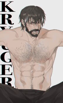 1boy abs bara beard berezovich_kryuger_(girls'_frontline) connected_beard facial_hair girls'_frontline highres large_pectorals male_focus mature_male muscular muscular_male navel nipples open_mouth pectorals solo stomach tai_(tai_xwxy) topless_male
