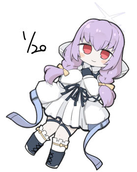 1girl atsuko_(blue_archive) black_boots black_gloves blue_archive blush_stickers boots bow braid brown_bow chibi closed_mouth dated frilled_socks frills full_body gloves hair_between_eyes hair_bow hair_over_shoulder halo highres hood hood_down hooded_jacket jacket lace-up_boots long_hair long_sleeves looking_at_viewer low_twintails miranofuudoria pleated_skirt puffy_long_sleeves puffy_sleeves purple_hair red_eyes simple_background skirt smile socks solo twin_braids twintails white_background white_jacket white_skirt white_socks