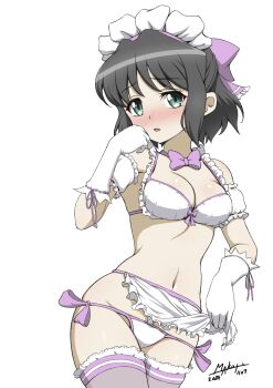 1girl absurdres apron apron_lift bikini birthday black_hair blush bow bowtie breasts cleavage clothes_lift dated eyebrows_hidden_by_hair frilled_bikini frilled_thighhighs frills full-face_blush gloves green_eyes groin hair_ribbon hand_to_own_mouth highres kohinata_miku large_breasts lifting_own_clothes looking_at_viewer maco_tie maid maid_bikini maid_headdress navel open_mouth purple_bow purple_bowtie purple_ribbon ribbon senki_zesshou_symphogear signature simple_background solo swimsuit thighhighs unconventional_maid waist_apron white_background white_bikini white_gloves