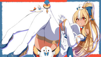 1girl blonde_hair blue_bow bow breasts closed_mouth commentary_request dark-skinned_female dark_elf dark_skin detached_sleeves elf elfriend_(shiranui_flare) gloves hair_bow highres hiro_(phese) hololive large_breasts long_hair looking_at_viewer multicolored_hair pointy_ears ponytail red_eyes shiranui_flare shiranui_flare_(1st_costume) smile streaked_hair thighhighs very_long_hair virtual_youtuber white_gloves white_sleeves white_streaks white_thighhighs