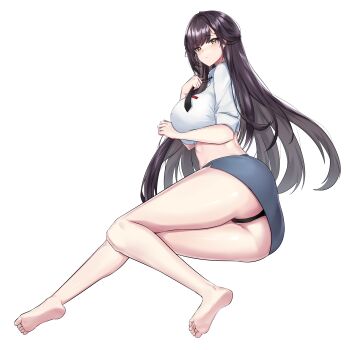 1girl absurdres ass barefoot black_necktie black_panties blue_skirt brown_hair collared_shirt commentary_request cropped_shirt feet full_body goddess_of_victory:_nikke highres korean_commentary legs long_hair looking_at_viewer mapyarong marciana_(nikke) marciana_(school_days)_(nikke) necktie no_shoes official_alternate_costume panties pencil_skirt shirt simple_background skirt sleeves_rolled_up soles solo thighs tight_clothes toes underwear white_background white_shirt yellow_eyes