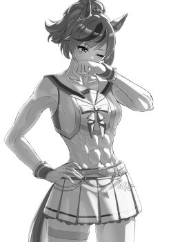 1girl abs absurdres animal_ears commentary cowboy_shot greyscale hand_on_own_hip highres horse_ears horse_girl monochrome muscular muscular_female nice_nature_(run&amp;win)_(umamusume) nice_nature_(umamusume) ponytail senchan_7 skirt solo sweat umamusume white_background wiping_sweat