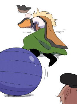 2girls ball black_hat blonde_hair brown_hair commentary_request detached_sleeves exercise_ball fallen_down hat highres kurachi_mizuki long_hair looking_at_another matara_okina multiple_girls nishida_satono orange_tabard simple_background tabard touhou unworn_hat unworn_headwear white_background