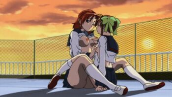 00s 2004 2girls animated animated_gif ass black_gate black_gate_kan_in_no_gakuen blue_bow blue_bowtie blush bow bowtie bra braid breasts brown_hair clothes_lift ear_piercing earrings evening fence fingering grabbing_another's_breast green_bow green_eyes groping groping_breast hair_bow hair_ribbon hasegawa_koyuki jewelry katsuragi_fuu kneehighs large_breasts leg_lock lowres masturbation moaning multiple_girls mutual_masturbation nipples open_clothes open_mouth outdoors piercing pleated_skirt purple_eyes red_hair ribbon school school_rooftop school_uniform shirt shirt_lift shoes size_difference skirt small_female sock socks stud_earrings sun tagme tall_female twin_braids underwear unworn_bra uwabaki white_bra white_shirt yuri