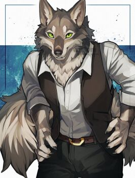 1boy animal_ears artist_name belt belt_buckle black_pants black_vest blue_background body_fur brown_belt brown_fur buckle claws collared_shirt colored_sclera commission cowboy_shot fangs furry furry_male green_eyes green_sclera grey_fur hands_on_own_hips looking_at_viewer male_focus open_clothes open_vest original pants shirt solo standing tail vest white_background white_shirt wintom wolf_boy wolf_ears wolf_tail