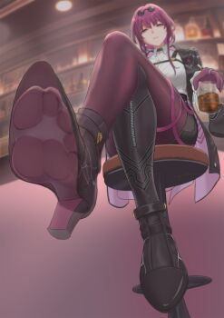 1girl absurdres alcohol bar_(place) bar_stool boots bottle chest_harness commentary_request counter cup drinking_glass eyewear_on_head feet foot_focus foreshortening full_body glass glasses gloves harness high-waist_shorts high_heels highres honkai:_star_rail honkai_(series) kafka_(honkai:_star_rail) pantyhose pantyhose_under_shorts pince-nez purple_eyes purple_gloves purple_hair purple_pantyhose round_eyewear see-through_clothes see-through_footwear shorts single_thigh_boot sitting soles solo spider_web_print stool sunglasses thigh_boots toes treadml whiskey zipper_footwear