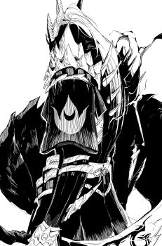 1boy armor commentary_request from_behind greyscale highres holding holding_sword holding_weapon lineart megasus monochrome monster_hunter_(series) monster_hunter_rise original ponytail scale_armor simple_background solo sword weapon white_background