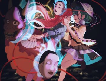 2girls black_skirt blue_shirt commentary_request green_eyes hand_fan hands_on_another's_face hannya hat hata_no_kokoro ko-omote_mask komeiji_koishi leg_up long_hair mask multiple_girls noh_mask pink_hair pink_skirt shirt skirt smile touhou white_hat wide_sleeves yellow_shirt yuri zeroko