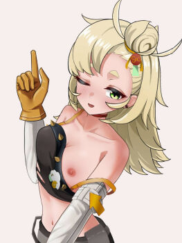 1girl :d bare_shoulders black_shirt blonde_hair blush breasts choker cleavage collarbone commentary_request crop_top detached_sleeves dot_nose earrings gloves green_eyes hair_bun highres index_finger_raised jewelry loli long_hair looking_at_viewer midriff navel nipples one_breast_out one_eye_closed open_mouth piper_wheel red_choker shirt simple_background small_breasts smile solo spiked_shirt standing strap_slip temporal_hairline torn_clothes torn_shirt user_xxyy2278 v-shaped_eyebrows white_background white_sleeves yellow_gloves zenless_zone_zero